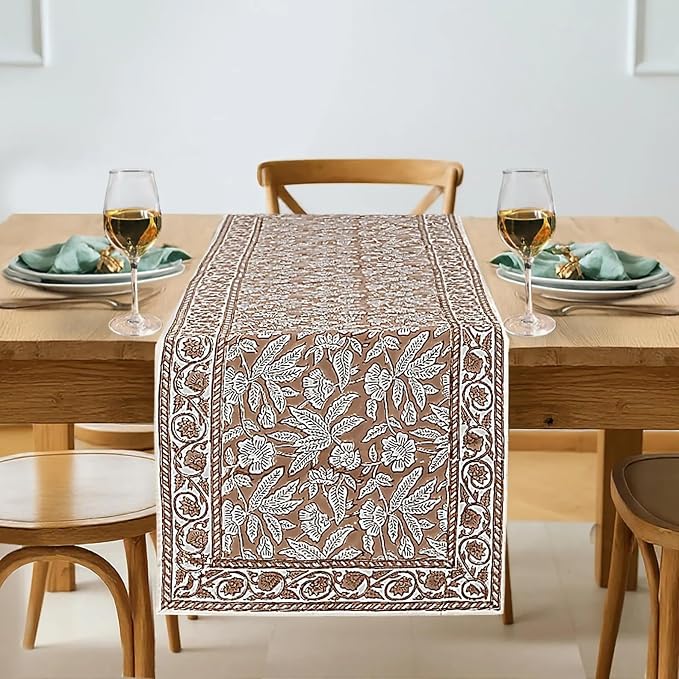 Oak Brown Hand Block Print 100% Cotton Reusable Table Runner 16" X 70" Inches by Ridhi