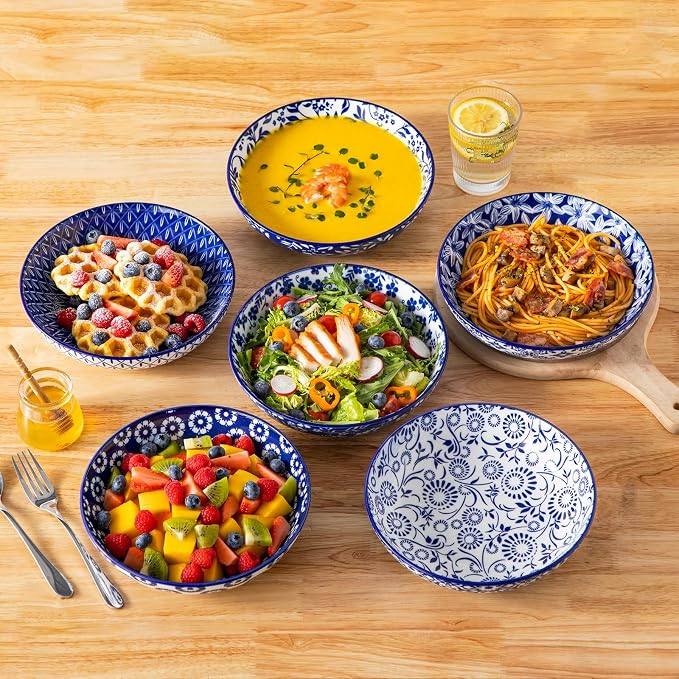 vancasso Selene 8.5" Pasta Bowls Set of 6, 40 oz Porcelain Shallow Salad Bowls - Image 5