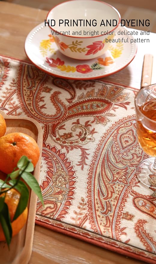 Designer French Linen Long Table Runner, Cashew Pattern, Dining Table, Kitchen - Image 3