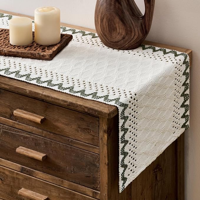 Macrame Side Trim Boho Woven Table Runner, Moss 12x36 Inch | Crochet Hollow by ZEEMARTONLINE