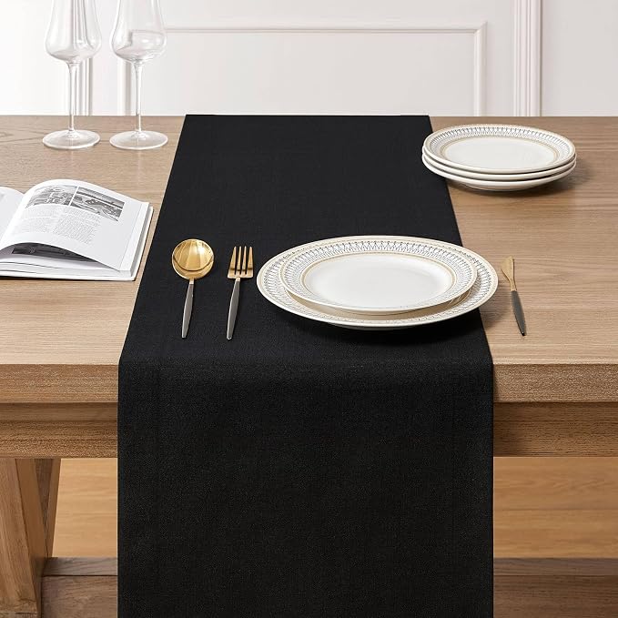 Linen Textured Border Table Runner, 14 x 90 Inch Black | Mitered Corner Design - Image 3