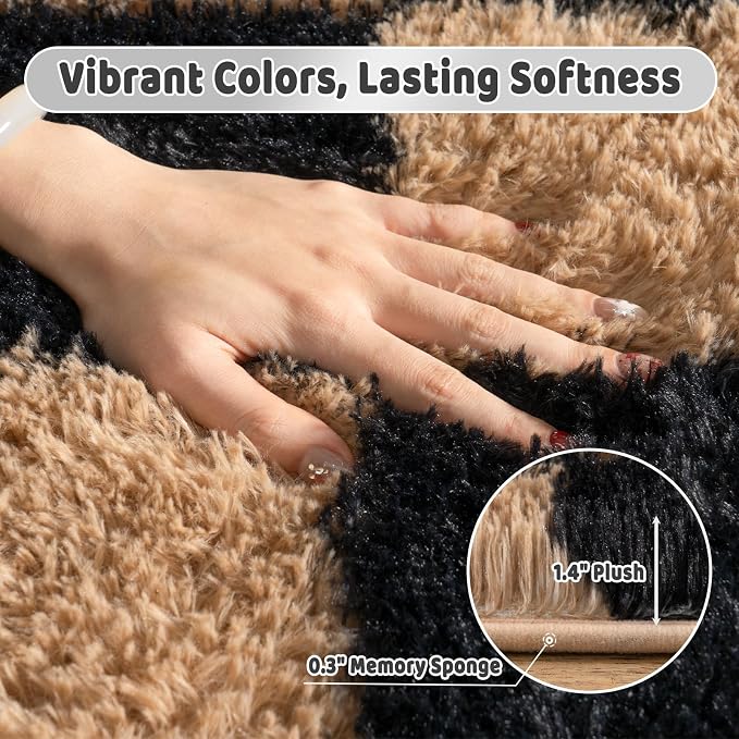 Shag Rugs for Living Room 6x9, Ultra Soft Checkered Black Beige Big Fuzzy Rugs - Image 5