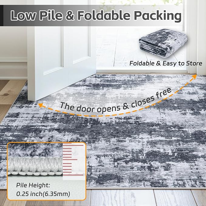 5x7 Area Rugs for Living Room Washable: Abstract Soft Thin Low Pile Black Rug - Image 7