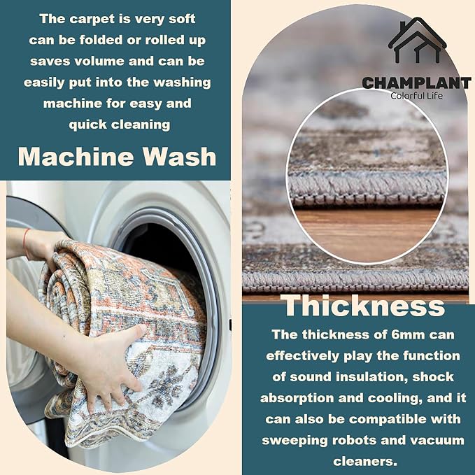 CHAMPLANT 3'x5' Cyan Khaki Vintage Washable Thin Area Rug Traditional Floor - Image 4