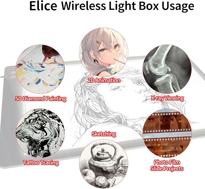 Rechargeable A2 Large Tracing Light Box with 3-Color Light Modes, Wireless Ultra-Thin LED Light Board with 6-Level/Stepless Brightness, Cordless Trace Light Pad for Sketching, 5D Diamond Painting
