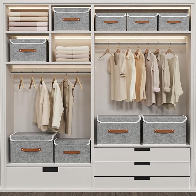 Yawinhe Collapsible Storage Boxes, Foldable Bin with Lids, Cube Clothes Organizer Basket with Handles, Grey, 13.0''Lx9.0''Wx7.9''H, 1-Pack, SNK024GS-1