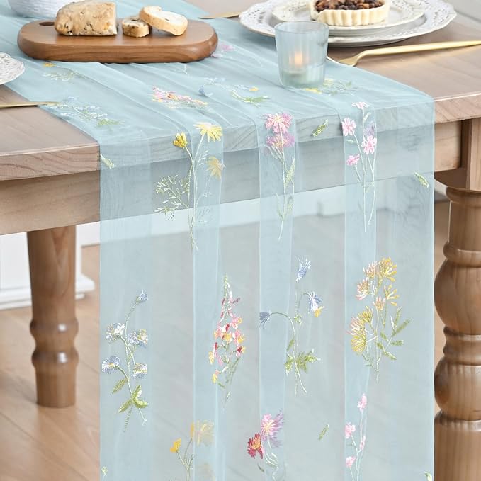 Artoid Mode Wildflower Floral Sky Blue Gauze Embroidery Table Runner 120 Inch by ArtoidMode