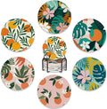 Drink Coasters Set of 6 with Holder, Tropical Palm Leaves Orange Floral by BUYIDUI