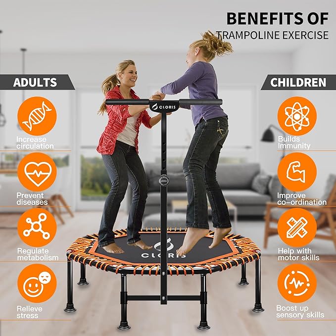 CLORIS 38in/48in Folding Trampoline - Max Load 220lbs / 450lbs Mini Trampoline Rebounder Trampoline for Adults with Adjustable Foam Handle, with safty Padded Cover Best Gift for Kids/Adult