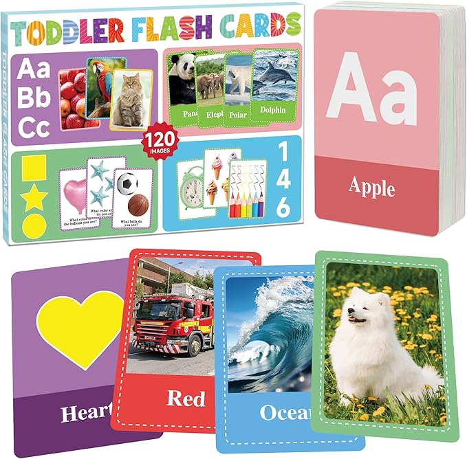 Flash Cards for Toddlers 1-3, Alphabet ABC Flash Cards,Letter Number Animal Shape Color, First Words Flashcards,Educational Toy for Baby Kid Preschool Toddler Learning Activities,60 Double-Sided Cards