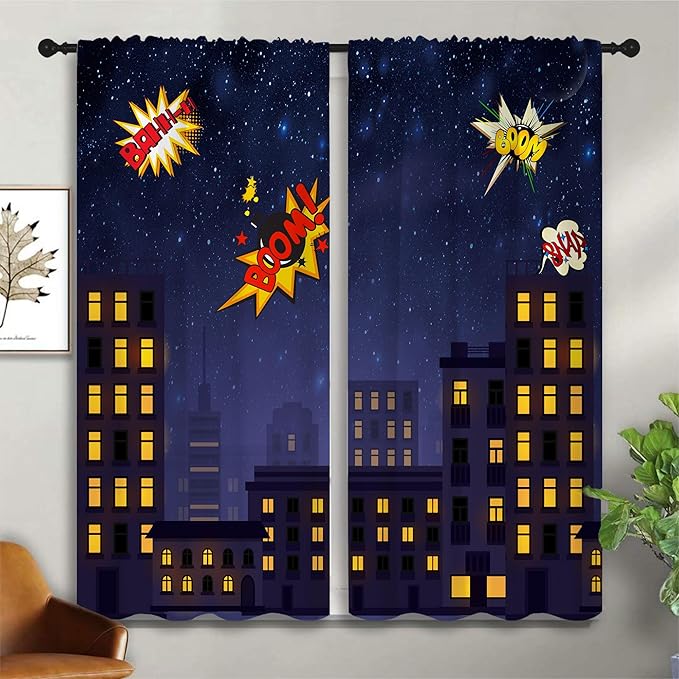 Super Hero Rod Pocket Blackout Curtains for Boy Girl Bedroom, Exploding City Starry Cartoon Skyline Home Energy Efficient Light Filtering Window Curtain for Living Room, 42x63 inch