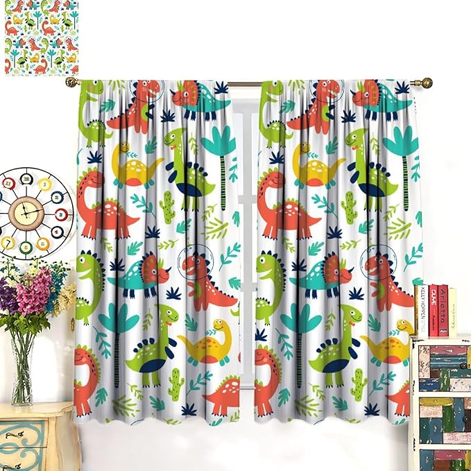 Rustic Dinosaurs Curtains Colorful Dino Kids Boys Cartoon Cute Cool Funny Decor Printed Blackout Rod Pocket Window Drapes for Living Room Bedroom W36xL63in 2 Panels
