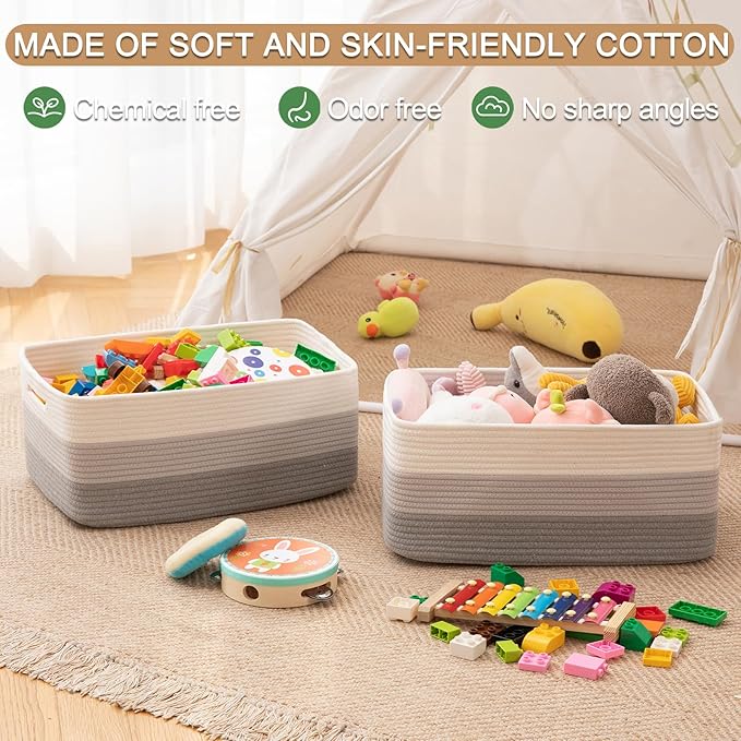 Large Storage Basket for Organizing, Woven Rope Basket for Shelves, Closet Organizer Bins for Clothes, Blanket, Toys, Baby Nursery Storage, 17.7" x 13" x 7.87", 3 Packs Gradient Grey