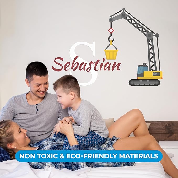 Custom Toddler Construction Crane Wall Decal I Personalized Name Decals for Walls I Nursery Wall Decal for Toddler Room Decorations I Crane Baby Sticker for Bedroom W22 x18 H (Small)