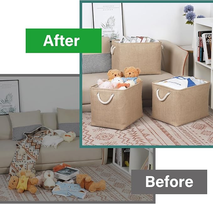 Bidtakay Fabric Storage Baskets for Shelves 3 Pack Large Storage Bins for Organizing Linen Collapsible Organizer for Closet-Flaxen