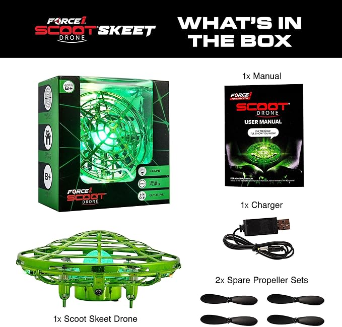 Force1 Scoot Hand Operated Drone for Kids or Adults - Hands Free Motion Sensor Mini Drones, Easy LED Indoor Rechargeable Flying Ball Drone Toy for Boys and Girls (Green)