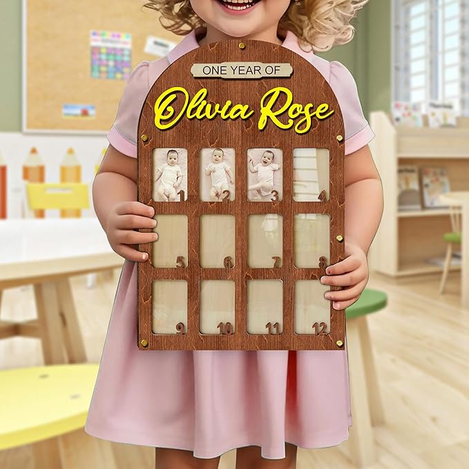 V-DECORPARKS Personalized My First Year Photo Frame | 12 Months Picture Frame For Baby First Year | Displays Twelve 2x3 Pictures | Birthday Party Decor Newborn Memory Keepsake, Style MP4