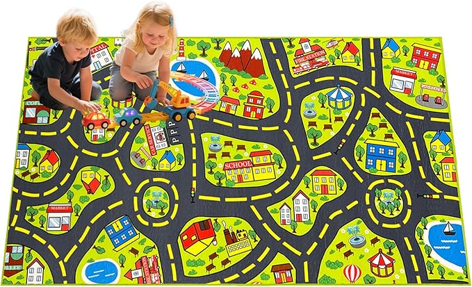 Car Rug for Kids 2.6x5 Feet - City Road Track Rug, Educational Car Floor Mats for Kid Room Playroom Games Room