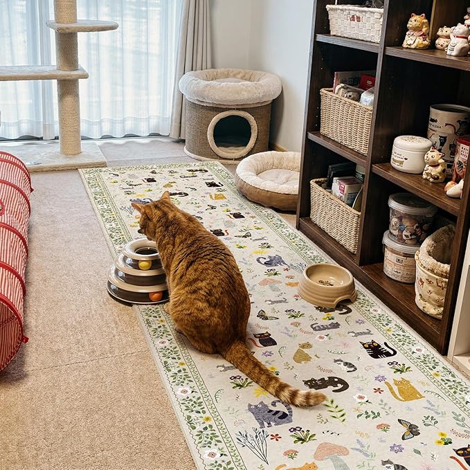 Washable 2x10 Hallway Runner Rug: Non Slip Soft Long Low Pile Animal Cat Print by Puino