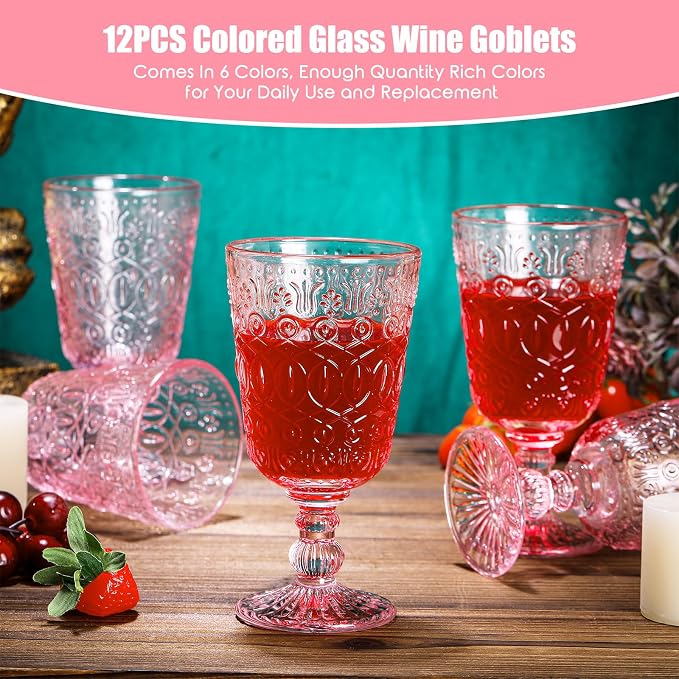 Eaasty Wine Glasses Set of 12 Vintage Goblet 9 oz Vintage Colored Glass Goblet - Image 3