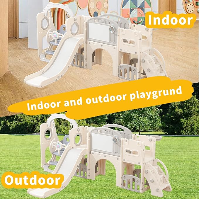 12 in 1 Toddler Outdoor Playset with Swing, Indoor Swing and Slide Set Playground for Toddlers 1-3, Durable Climber Basketball Hoop Ball Toddler Indoor Playset for Home Playground-White Grey