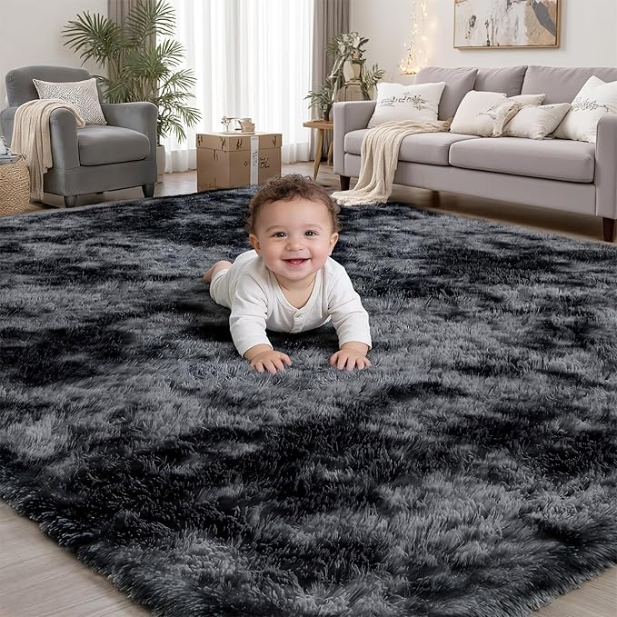 Area Rug for Living Room Bedroom: 4x6 Black Grey Soft Fluffy Shag Upgrade by PLHXFRSoftAreaRugs