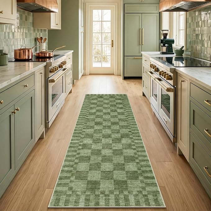GarveeHome 2.5×8 Kitchen Runner Rug Non Slip, Moss Green Checkered Rug by GarveeHome