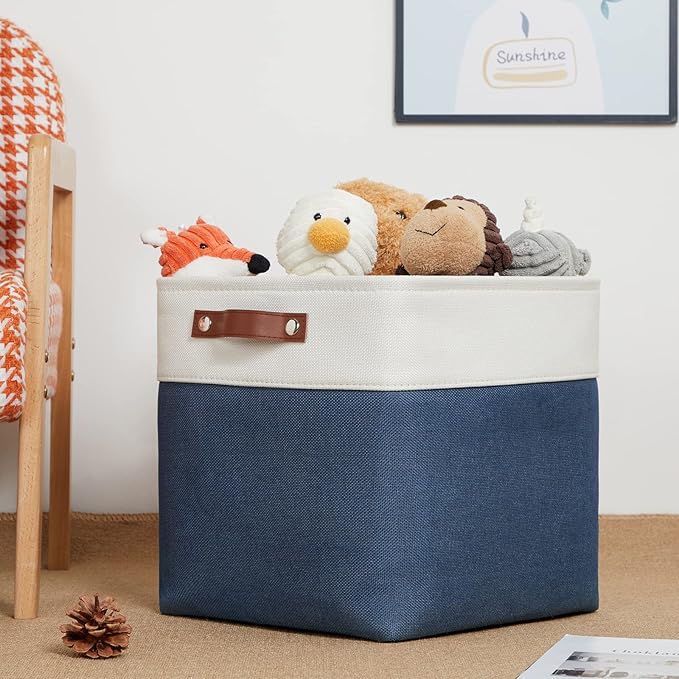 DULLEMELO Foldable Storage Cubes 12 x 12 Organizer Bins,Canvas Storage Bins Empty Gift Baskets for Organizing with SturdyLeather Handles, Closet Baskets for Nursery Storage(4 Pack - 12" White&Blue)