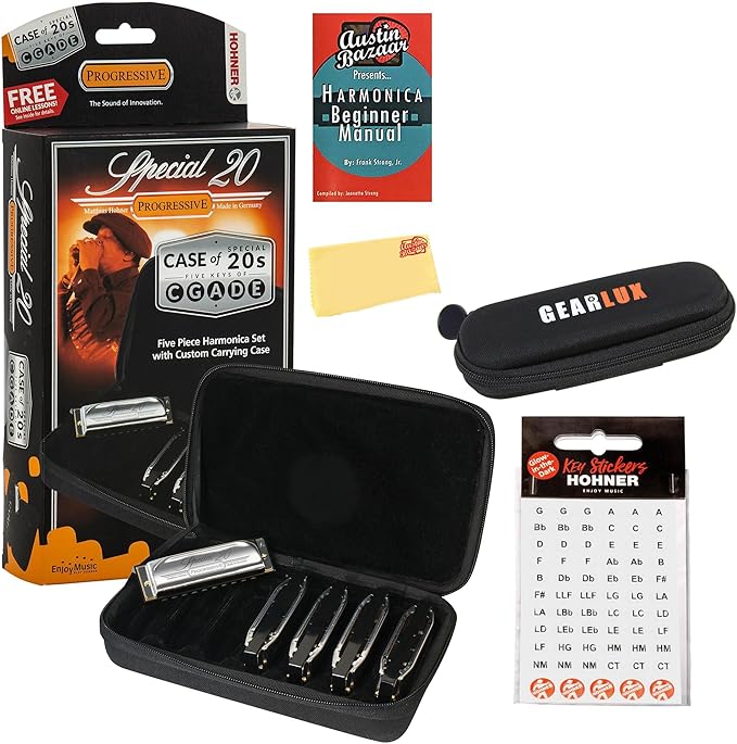 Hohner Special 20 Harmonica - Keys of G, A, C, D, E Bundle with Case, Zip Pouch, Key Stickers, Manual and Austin Bazaar Polishing Cloth