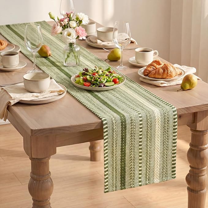 Artoid Mode Army Green Farmhouse Stripe Braided Table Runner 12x72 Inch | - Image 8