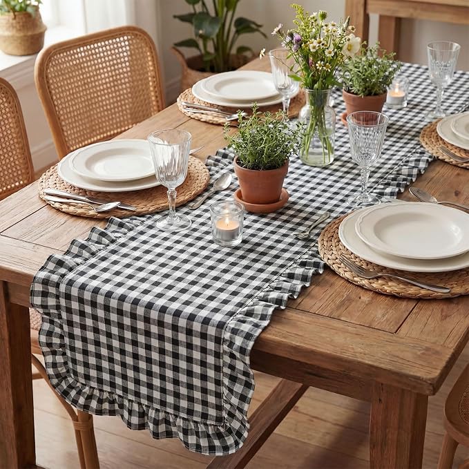 HunnmingRe 1 Pc Gingham Table Runner White and Black, 118 X 13.8 Inch | Cotton - Image 6