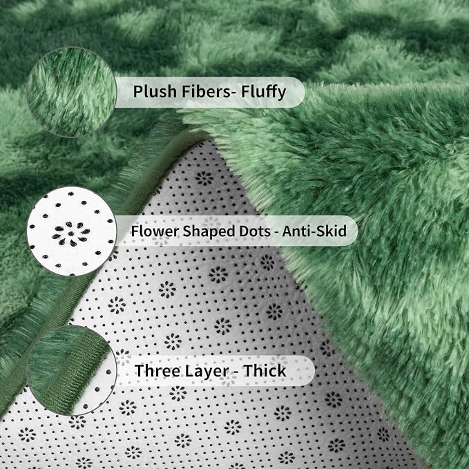 FlyDOIT Large Area Rugs for Living Room, 5x8 Feet Tie-Dyed Green Shaggy Rug - Image 6