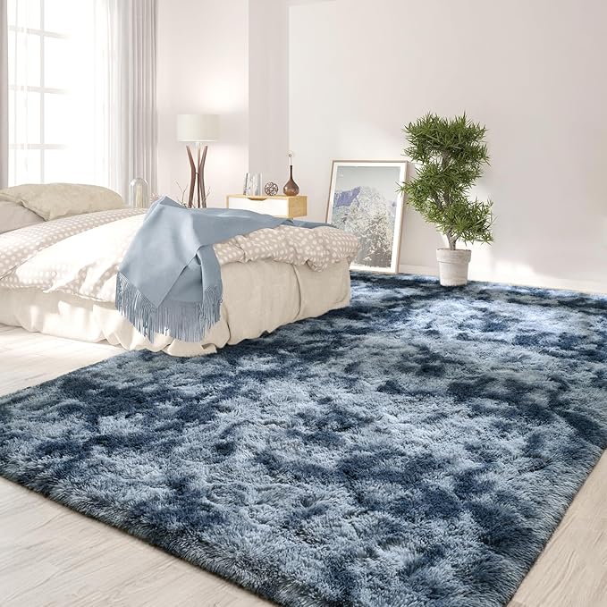 FlyDOIT Large Area Rugs for Living Room, 5x8 Feet Tie-Dyed Blue Grey Shaggy Rug - Image 3