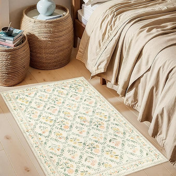 Entryway Rug 2X3 Small Rugs: Floral Washable Door Mat Vintage Soft Low Pile Non-Slip Kitchen Rugs Stain Resistant Indoor Throw Rug for Entrance, Bedroom, Kitchen, Laundry, Bathroom Beige/Multi