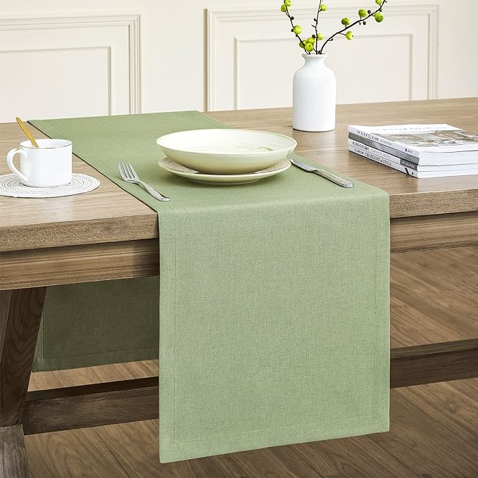Basic Linen Style Table Runner, 14x48 Inch Sage Green | Mitered Corner Design by ZEEMARTONLINE