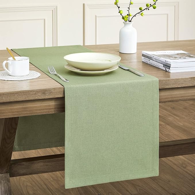 Basic Linen Style Table Runner, 14x36 Inch Sage Green | Mitered Corner Design by ZEEMARTONLINE