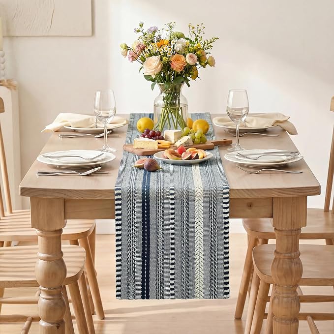 Artoid Mode Dark Blue Farmhouse Stripe Braided Table Runner 12x60 Inch | - Image 2