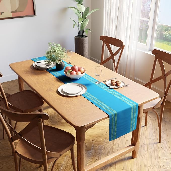 Encasa XO Table Runner, Yarn Dyed Ribbed Cotton 13"x59" | Ladder Turq Blue - Image 2