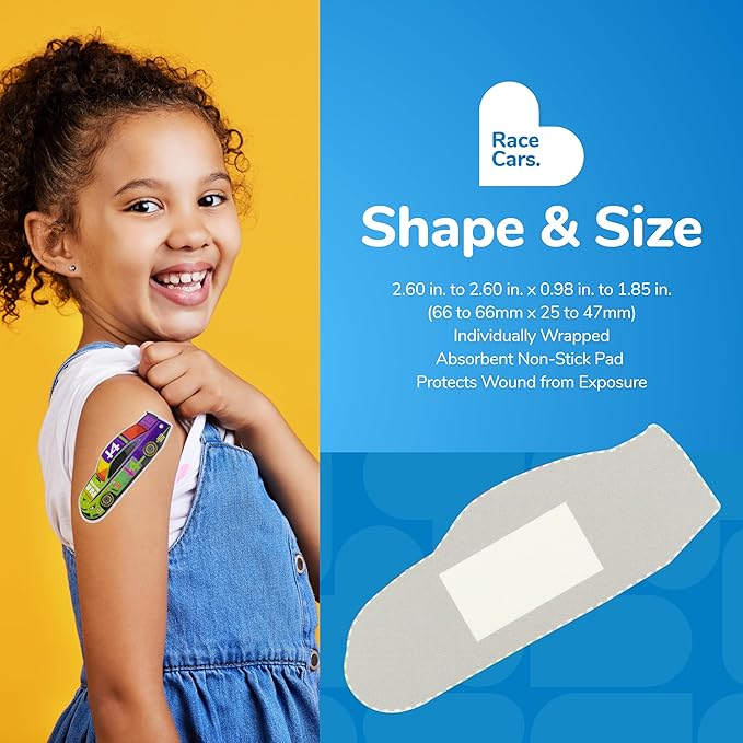 BioSwiss Bandages, Race Cars Shaped Self Adhesive Bandage, Latex Free Sterile Wound Care, Fun First Aid Kit Supplies for Kids and Adults, 50 Count