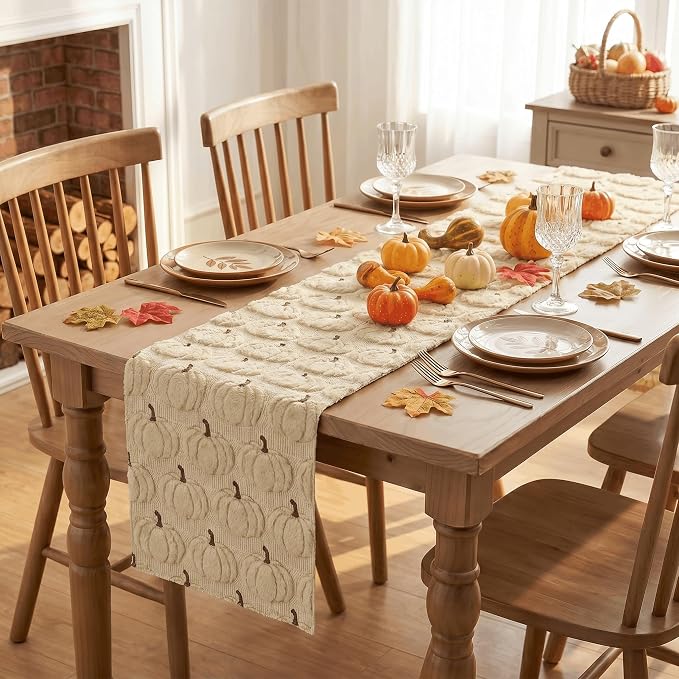 Artoid Mode Beige Soft Faux Fur Fall Table Runner 13x60 Inch | Seasonal Kitchen - Image 4