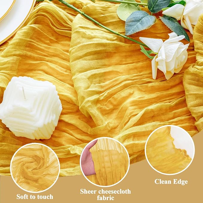 Cheesecloth Table Runner 10FT 12Pcs Gold Boho Gauze Rustic Sheer Runners | - Image 3