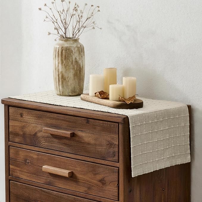 Artisanal Grid Linen Table Runner, 13x60 Inches Neutral Beige | Heavy Textured - Image 3