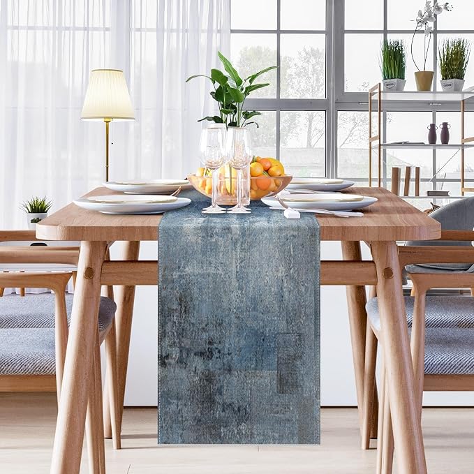 Emvency Table Runner, 13x108 Inch, Farmhouse Abstract Denim | Blue Art Painting - Image 4