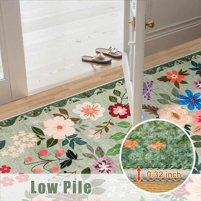 Entryway Rug 2X3 Small Rugs: Floral Washable Door Mat Vintage Soft Low Pile - Image 8
