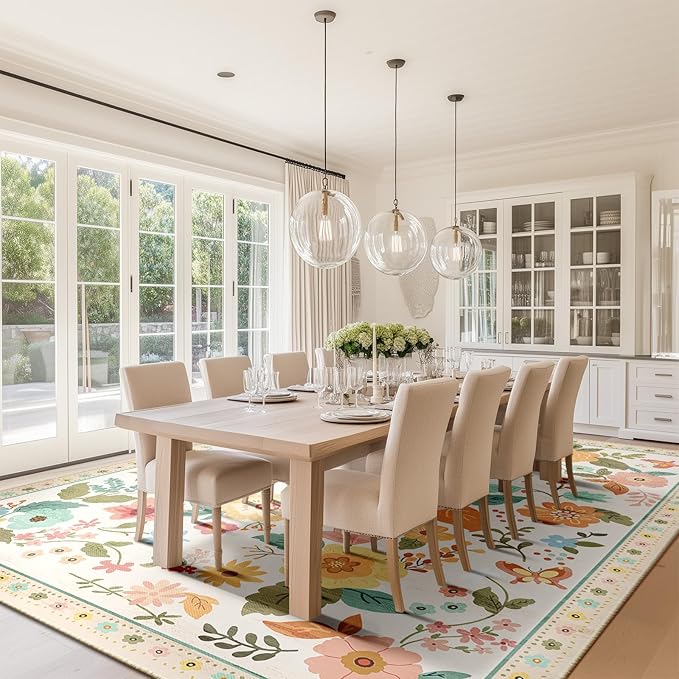 Floral 5x7 Area Rug Machine Washable Soft Print Boho Carpet Non Slip Doormat Low Pile Flower Area Rugs for Living Room Bedroom Nursery Kitchen Dining Room Indoor-Beige/White/Orange