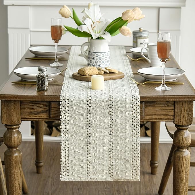 Artoid Mode Beige Woven Farmhouse Hollow Table Runner 12x72 Inch | Holiday - Image 2