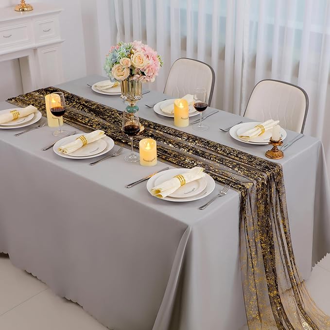 Snowkingdom Black and Gold Cheesecloth Table Runner 10 FT, Sheer Chiffon - Image 2