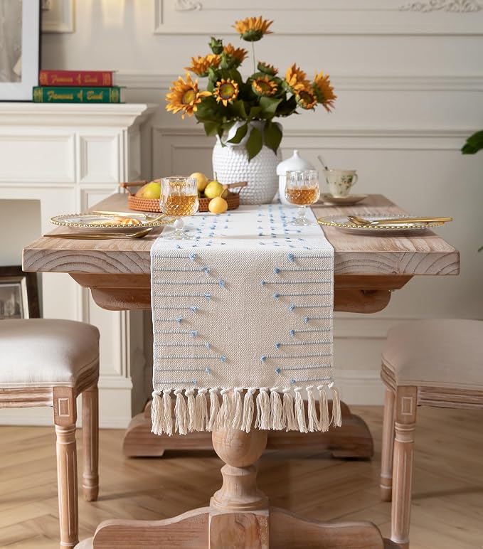 Boho Table Runner 13 x 60 Inch Long Natural Cotton Woven Runner - Image 6
