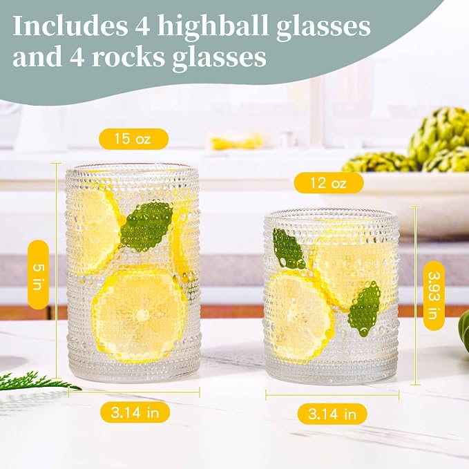 Blue Hobnail Drinking Glasses Set of 8, 15 oz Vintage Highball Glassess & 12 oz - Image 4