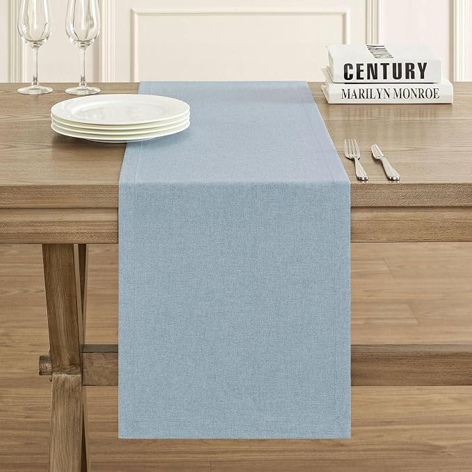 Basic Linen Style Table Runner, 14x90 Inch Chambray Blue | Mitered Corner Design - Image 2